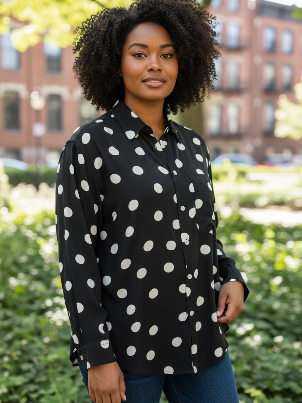 LIZ WEAR COTTON BLACK & WHITE POLK DOT BUTTON-DOWN BLOUSE RELAXED FIT SZ L